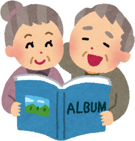 Illustration of Elderly Couple Enjoying Memories with a Photo Album